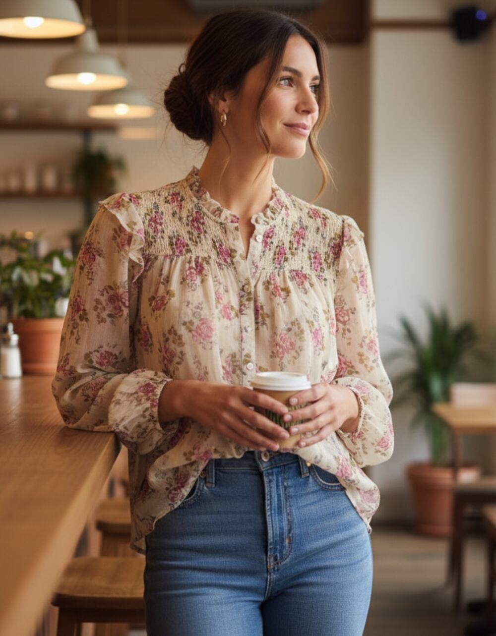 Sundance Small Amelia Floral Sheer Blouse Bohemian Ruffled Sleeves Button-up